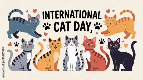 Colorful cats celebrate international cat day with hearts and paw prints on a beige background