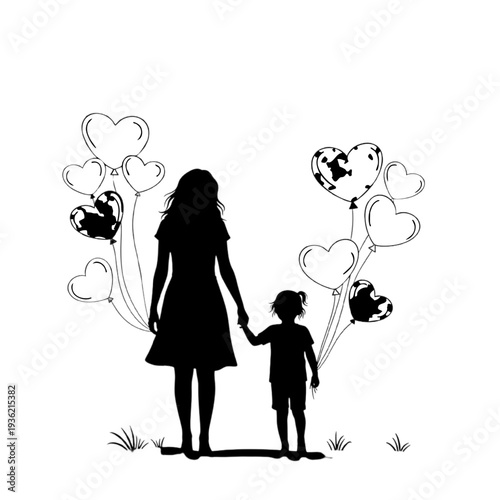 Mother and child silhouette illustration with heart balloons for Mother's Day or love concept design
