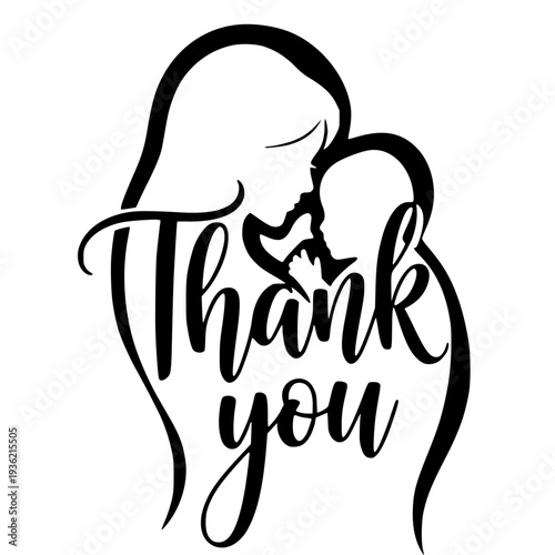 Elegant thank you vector illustration for greeting cards and invitations featuring mother and child silhouette
