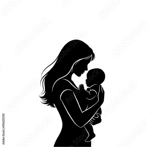 Mother holding baby silhouette vector illustration with golden rays background symbolizing love and care between mother and child in simple graphic design