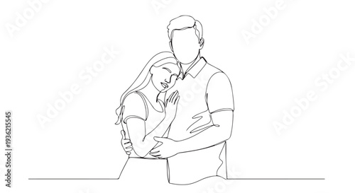 Romantic Continuous Line Drawing of a Loving Couple Embracing, Symbolizing Connection and Affection in a Minimalist Vector Art Style for Editable Graphics