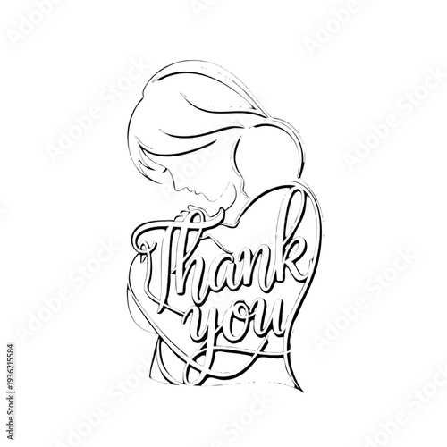 Elegant Thank You card design with woman hugging heart vector illustration for greeting