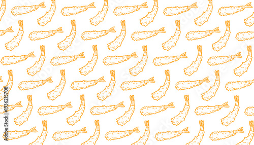 Shrimp Tempura Pattern. Seamless Fried Seafood Background. Crispy Japanese Snack Illustration. Hand Drawn Doodle Style. Food Packaging Texture Design.