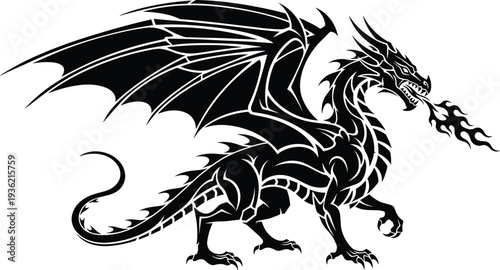 Fire breathing dragon silhouette, fantasy winged dragon illustration, mythical creature tattoo style design, medieval monster isolated on white backgroundFire breathing dragon silhouette, fantasy 