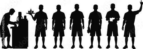 Ice cream vendor silhouettes collection, street food seller serving dessert cart, worker poses illustration isolated black set