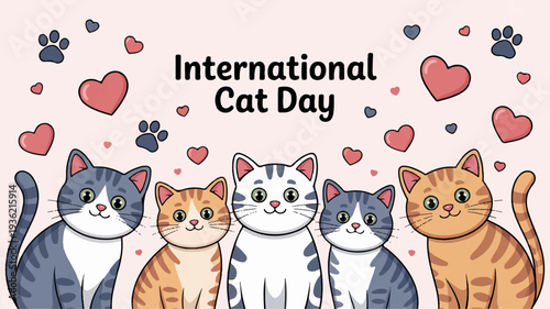 Five cute cats celebrating international cat day with hearts and paw prints on pink background