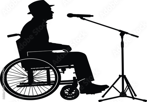 Man in wheelchair speaking microphone silhouette, disabled speaker illustration, accessibility, disability awareness, public speech concept isolated