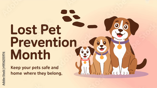 Lost pet prevention month illustration with dogs and paw prints on orange background