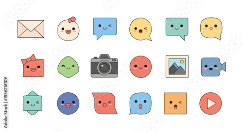 Minimal flat vector of social media and communication icons with expressive faces, trendy colors, white backdrop