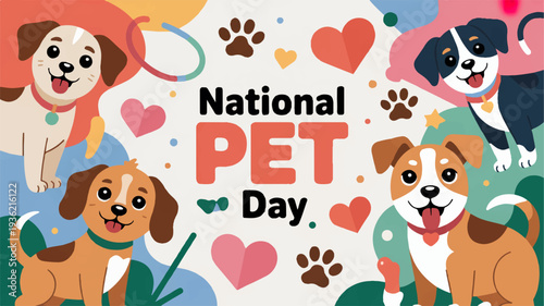 National pet day celebration with happy dogs and hearts