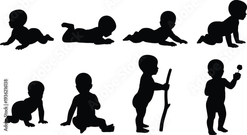 Baby growth stages silhouette vector illustration, infant to toddler development milestones from crawling and sitting to standing and first steps timeline