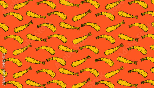 Shrimp Tempura Pattern. Seamless Fried Seafood Background. Crispy Japanese Snack Illustration. Hand Drawn Doodle Style. Food Packaging Texture Design.