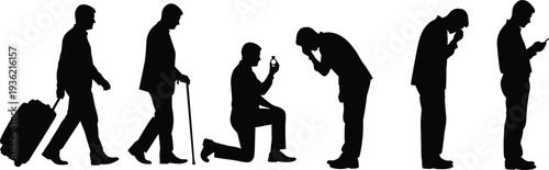 Man silhouette life moments set, walking traveler, elderly with cane, proposal, praying and phone use illustration collection