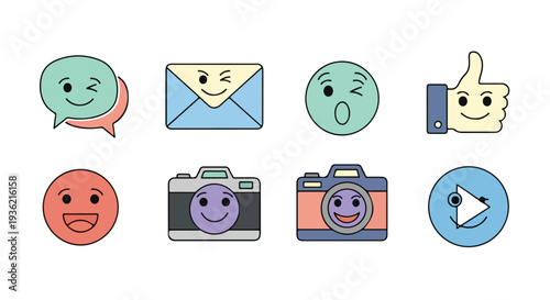 Minimal flat vector of social media and communication icons with expressive faces, trendy colors, white backdrop