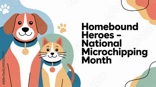 Smiling dog and cat wearing collars with identification tags homebound heroes national microchipping month