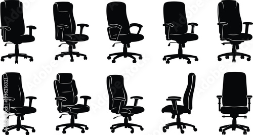 Office chair silhouettes collection, ergonomic swivel chairs set, modern workplace furniture illustration, black office chair silhouettes isolated