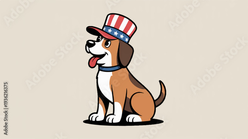 Happy dog in patriotic hat sitting on beige background american themed pet