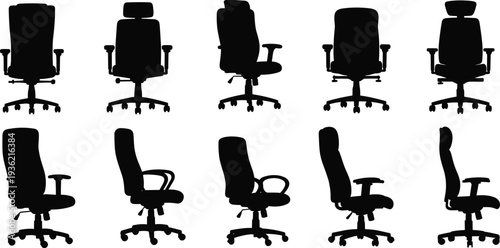 Office chair silhouettes set, ergonomic swivel desk chairs collection, modern workplace furniture illustration, black office seating silhouettes isolated