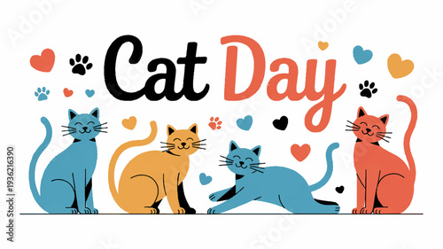Colorful cats celebrate cat day with hearts and paw prints in festive graphic design