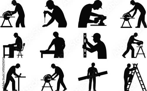 Carpenter and construction worker silhouettes using power tools and ladder, professional woodworking and installation process vector illustration collection