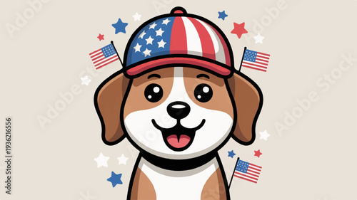 Smiling dog wearing american flag hat with stars and flags on beige background festive and patriotic illustration