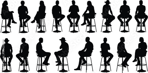 People sitting bar stool silhouettes collection, men and women seated poses, human figure silhouettes isolated illustration set