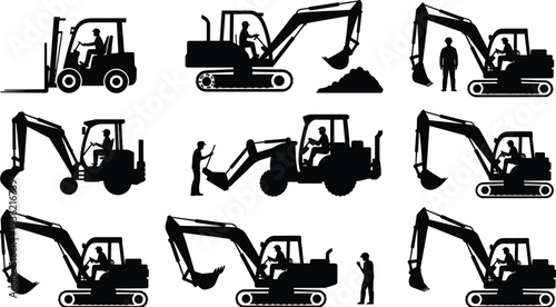 Construction equipment silhouette set, excavator and forklift machinery with operator, heavy construction vehicles collection isolated on white background vector illustration
