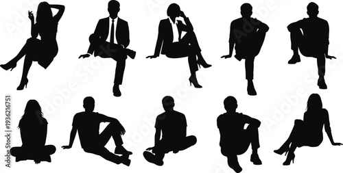 People sitting silhouettes collection, men and women seated poses, human figure silhouettes, isolated black people illustration set for design