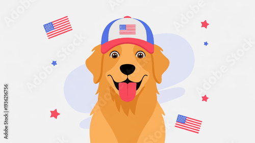 Happy golden retriever dog wearing american flag baseball cap with stars and flags around celebrating independence day