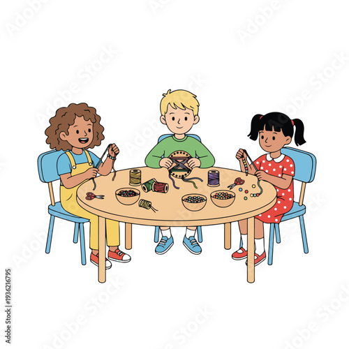 Three happy children, two girls and one boy, sit around a table engaged in a crafting activity, making things with beads and thread.