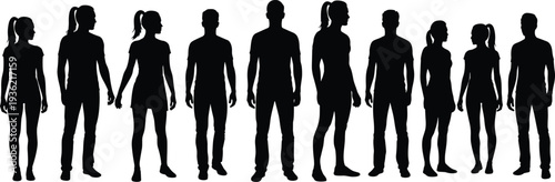 People standing silhouettes lineup, men and women casual human poses collection, isolated black figure silhouettes illustration set