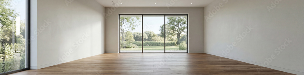 Fototapeta premium Modern minimal living room featuring wood floor with a large window elegant contemporary white room ,Color of the Year 2026 – Cloud Dancer ,copy space ,empty room.3Drender
