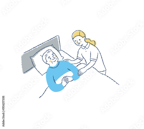 ベッドに寝ているシニア男性と介護している女性