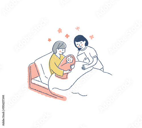 ベッドで赤ちゃんを抱くママと笑顔の看護師