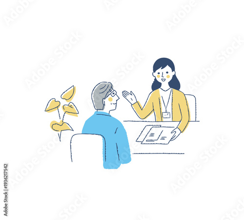 シニア男性に説明をしているビジネスウーマン