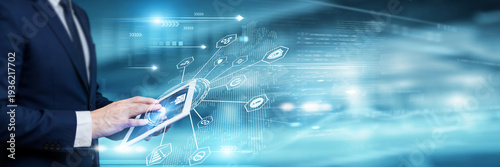 Businessman analysing low-code no-code AI data and global network on tablet device, software automation, application development, AI integration, digital workflow analytics.