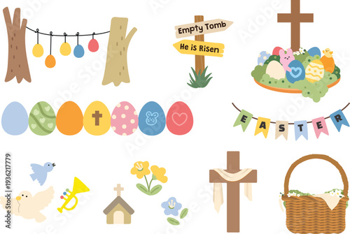 Cute Christian Easter clipart set with eggs cross church flowers and basket flat vector illustration