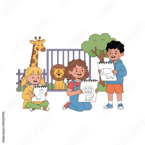 Three happy children are depicted at a zoo, actively engaged in drawing different animals like a giraffe, a lion, and an elephant.