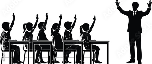 Students raising hands classroom silhouettes, teacher asking question scene, school education illustration, black student silhouettes isolated for learning concept