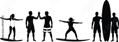 Surfing people silhouette set, surfers with surfboards, beach lifestyle athletes, ocean sport activity, summer surf culture illustration isolated