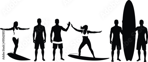Surfer silhouette collection, surfing athletes with surfboards, beach ocean sport lifestyle, summer water activity illustration isolated on white background