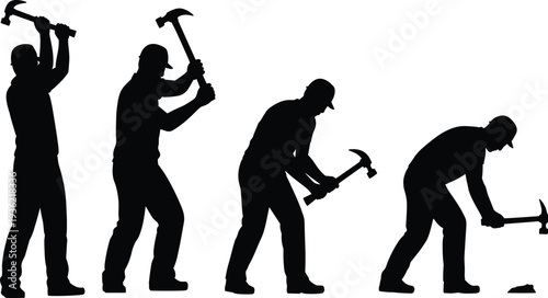 Construction worker silhouette collection with hammer in dynamic action poses, manual labor and building process concept vector illustration isolated on white background