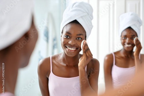 Woman cleaning face with cotton pad skincare routine beauty treatment
