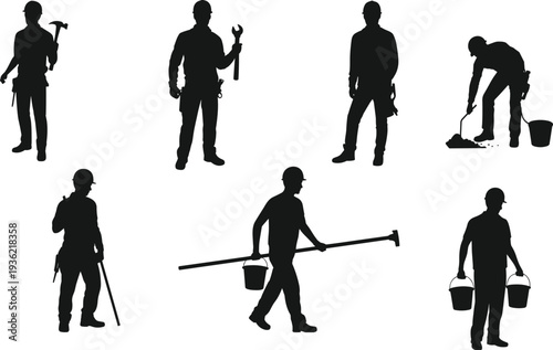 Construction worker silhouette collection with hammer, wrench, shovel and buckets, professional builder and industrial labor vector illustration isolated on white background