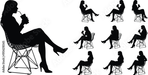Woman sitting chair drinking beverage silhouettes collection, female relaxation poses illustration, black woman silhouette isolated for lifestyle design