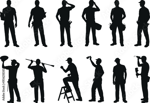 Construction worker silhouette collection with toolbox, ladder, drill and paint tools, professional builder industrial labor vector illustration set isolated on white