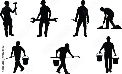 Construction worker silhouette set with hammer, large wrench, shovel and buckets, professional builder and industrial labor vector illustration isolated collection