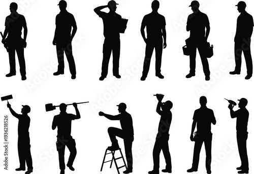 Construction worker silhouette set with painting roller, drill, ladder and toolbox, professional builder industrial labor vector illustration collection isolated on white