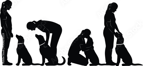 Woman with dog silhouettes, pet owner hugging and training dog poses, human animal friendship illustration isolated collection