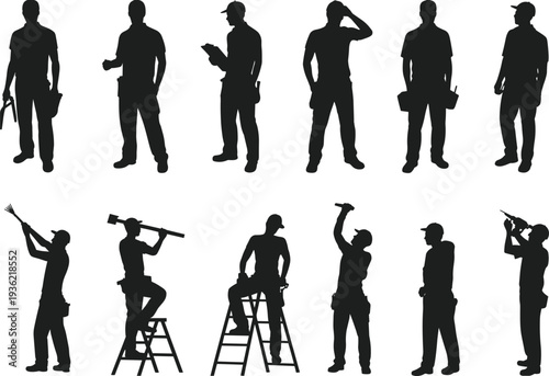Construction worker silhouette set with toolbox, clipboard, ladder, drill and hammer, professional builder industrial labor vector illustration collection isolated on white